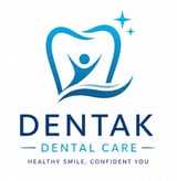 DENTAK Dental Care logo featuring a blue tooth outline with a smiling figure inside and sparkle effects above it