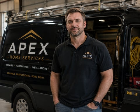 Man in black APEX Home Services polo shirt standing in front of service van in garage