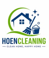 Hoen Cleaning logo featuring a house, broom, bucket and stars with tagline Clean Home Happy Home