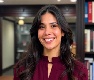 Smiling woman with long black hair wearing a burgundy top in an office setting with bookshelves behind her